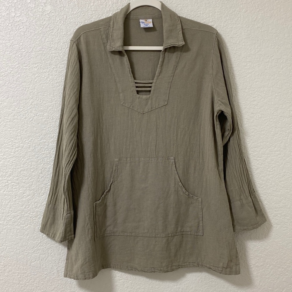 Sea Breeze Cotton Tunic Top Women's XS Gauzy Kangaroo Pocket  Tan